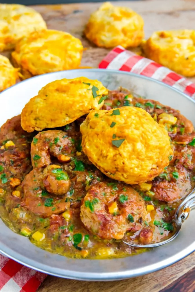 Cheddar Biscuits with Shrimp and Andouille Gravy