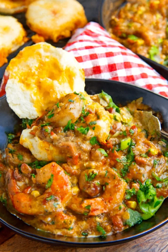 Cheddar Biscuits with Shrimp and Andouille Gravy