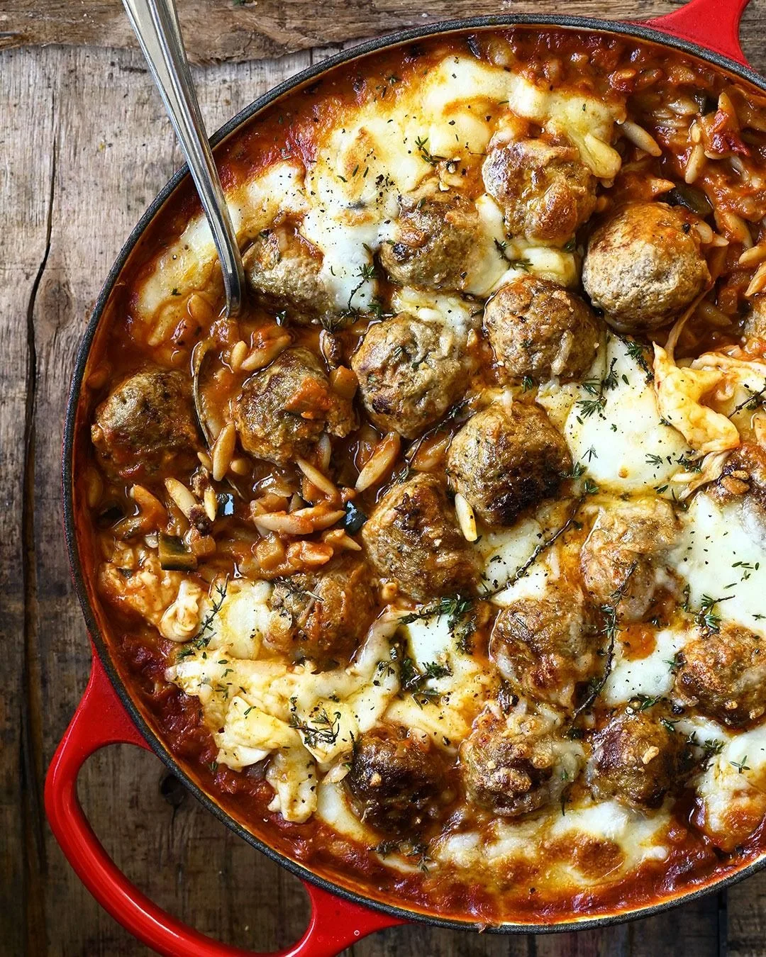 Baked Meatballs with Orzo in Roasted Pepper Sauce